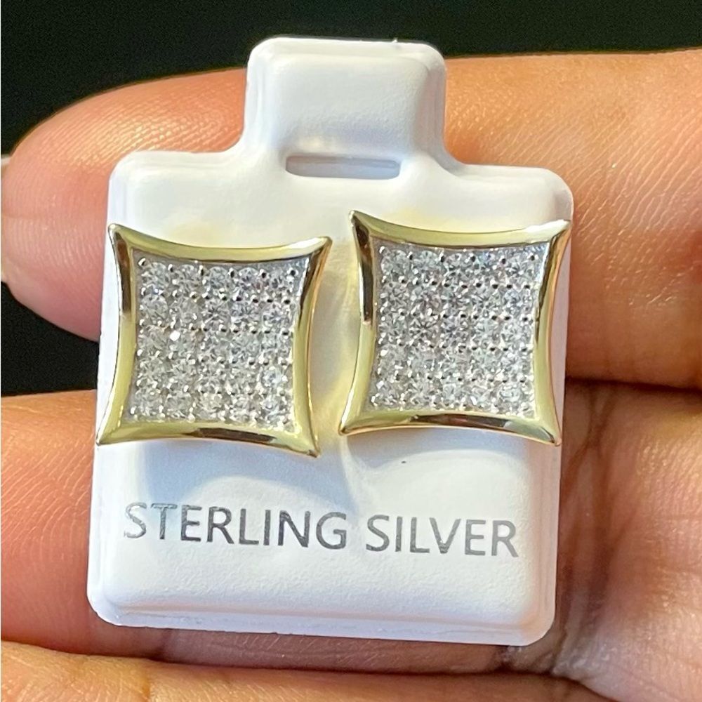 Gold plated sterling silver screw back square stud earring w/ AAA cubic zirconia